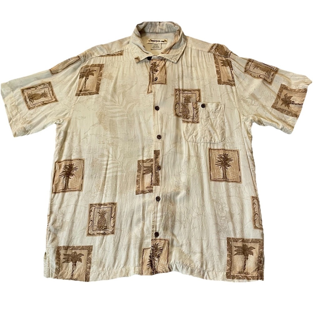 MONTEGO JOE Hawaiian Shirt Mens XL Button Up Beige Pineapple Palm Tropical Beach